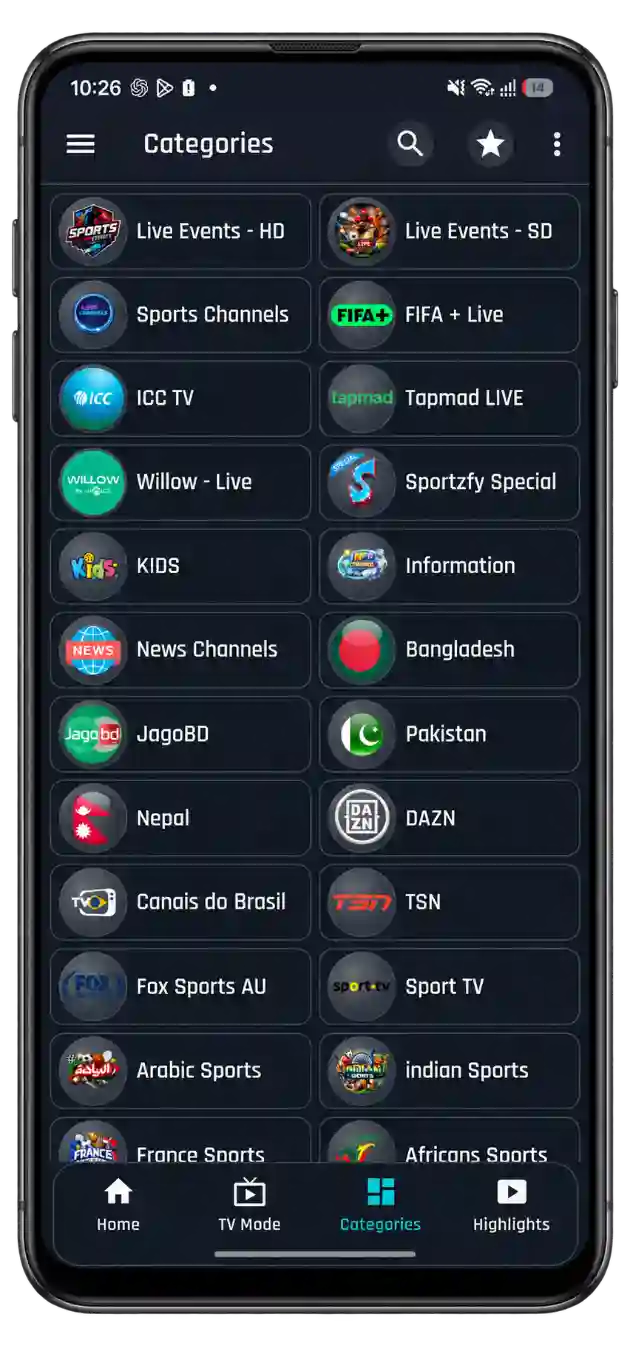 Sports Channels on Sportzfy
